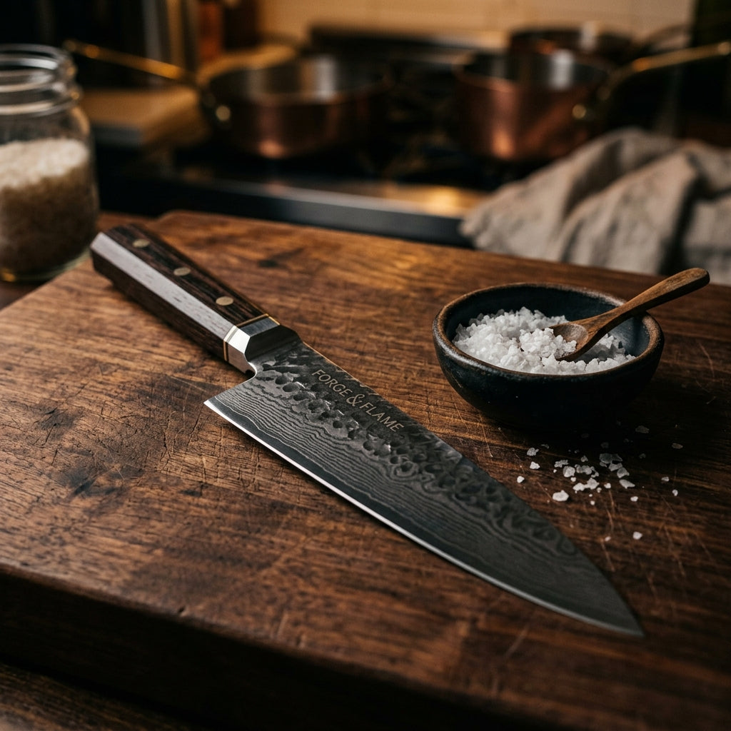 Chef knife with artisanal sea salt