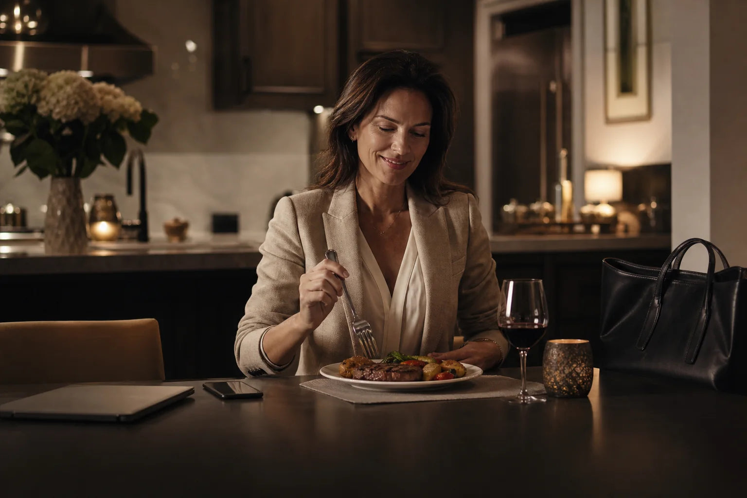 A busy professional settling in for dinner after work